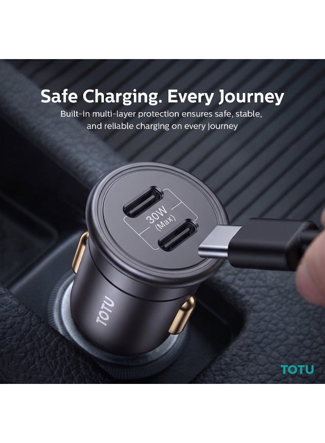 Totu 33W Dual Type-C Ports Fast Car Charger, Premium Alloy Body Mini Adapter with Smart Chip & Multi-Layer Safety Protection for iPhone, Samsung, Huawei, and Type-C Devices – Black - Image 5
