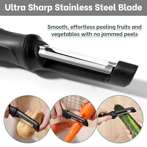 Beneno Swivel Vegetable Peeler, Razor-Sharp Smooth Peeling Potato Peelers with Stainless Steel Blades, Ergonomic Comfort Non-Slip Rubber Handle, Durable Kitchen Peelers with Potato Eye Remover, Black - Image 4