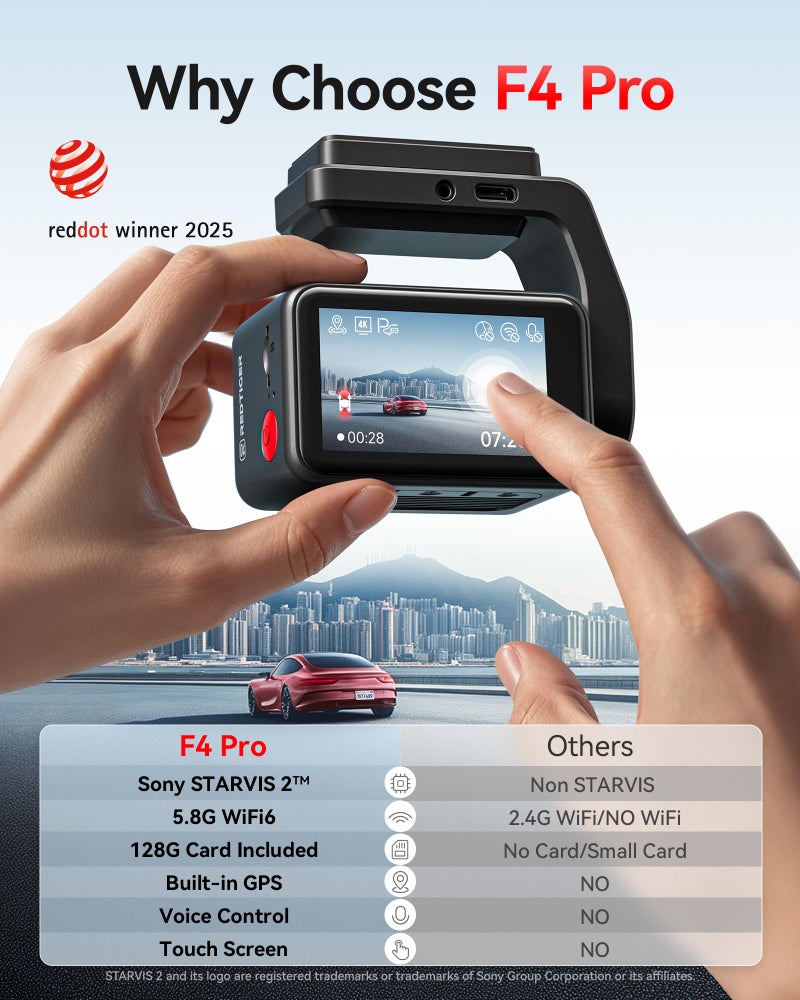 REDTIGER F4 Pro 4K Mini Dash Cam Front and Rear, STARVIS 2 Night Vision, 128GB Card Included, 5.8GHz WiFi 6 Instant Export, 2.2" Touch Screen Dash Camera for Cars, Voice Control, 24H Parking Mode - Image 2