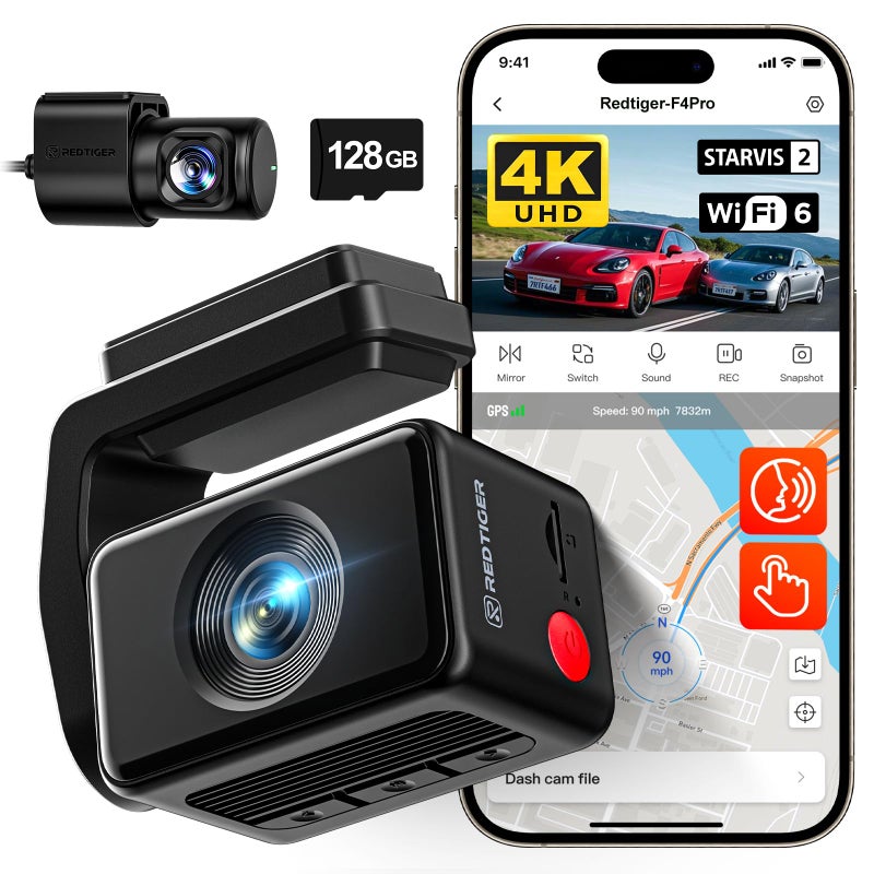REDTIGER F4 Pro 4K Mini Dash Cam Front and Rear, STARVIS 2 Night Vision, 128GB Card Included, 5.8GHz WiFi 6 Instant Export, 2.2" Touch Screen Dash Camera for Cars, Voice Control, 24H Parking Mode - Image 1