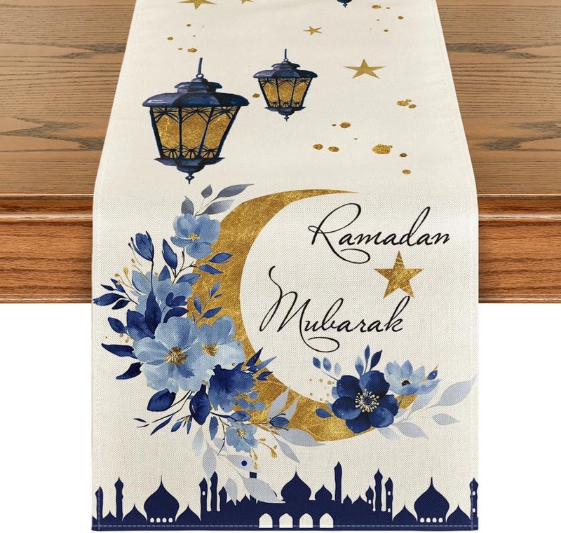 Artoid Mode Castle Lantern Flower Ramadan Table Runner, 13x90 Inch Seasonal Kitchen Dining Table Decoration for Home Party Decor - Image 1