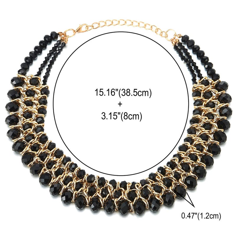 COOLSTEELANDBEYOND Statement Necklace Black Faceted Crystal Beads String Gold Braided Chain Pendant - Image 3