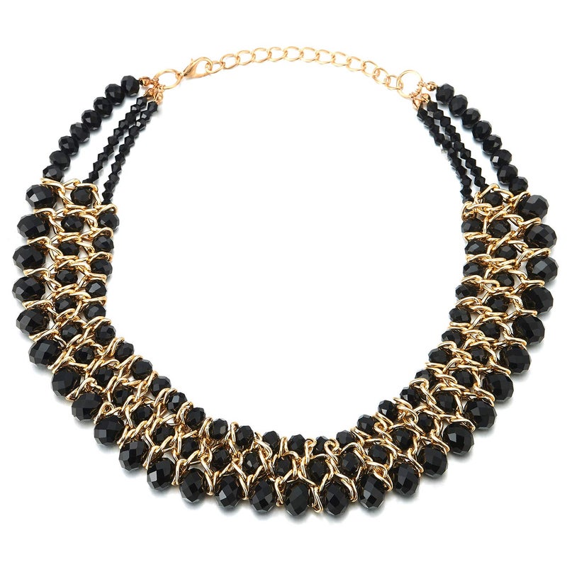 COOLSTEELANDBEYOND Statement Necklace Black Faceted Crystal Beads String Gold Braided Chain Pendant - Image 1