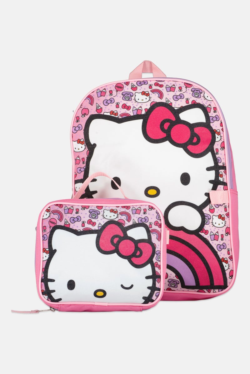 Hello Kitty حقيبة ظهر بنات للأطفال 2 قطعة بطباعة جرافيك مع حقيبة غداء، متعددة الألوان - Image 1