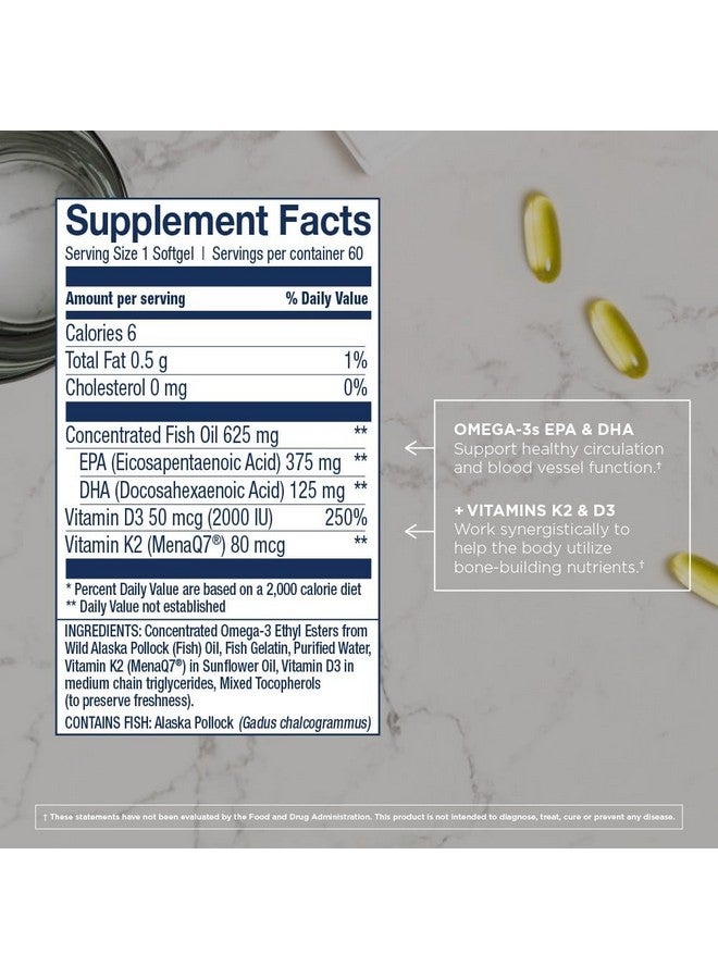 Wiley's Finest Wiley's Finest Wild Alaskan Fish Oil Vitamin K2 Softgels - 500mg of EPA and DHA Omega-3s for Bone and Heart Health Support - 60 Softgels (60 Servings)  - Image 2