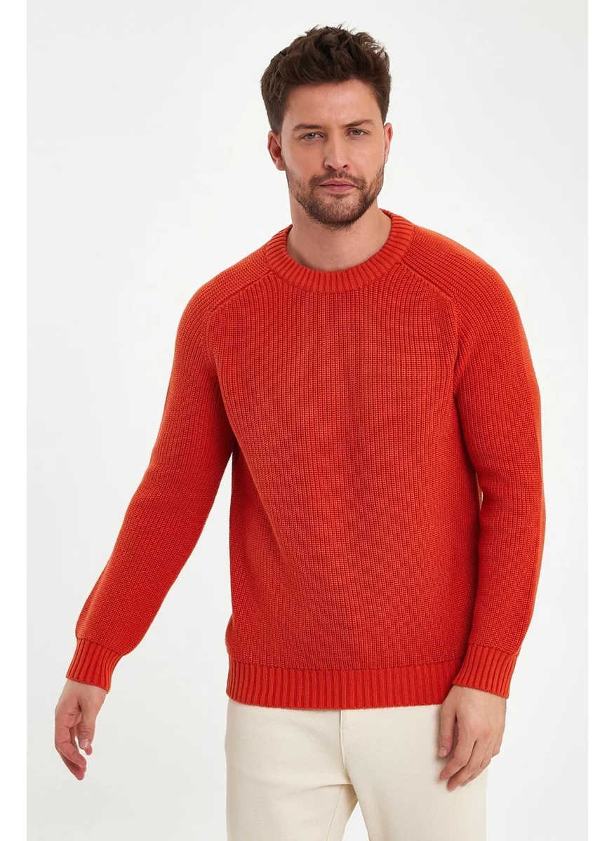 Odelon Crew Neck Selanik Knitted Cotton Men's Orange Knitwear Sweater