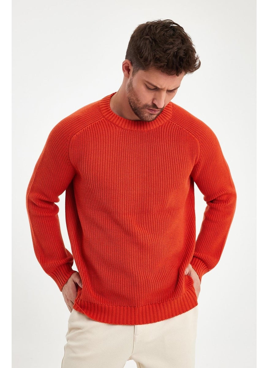 Odelon - Crew Neck Selanik Knitted Cotton Men's Orange Knitwear Sweater - Image 1