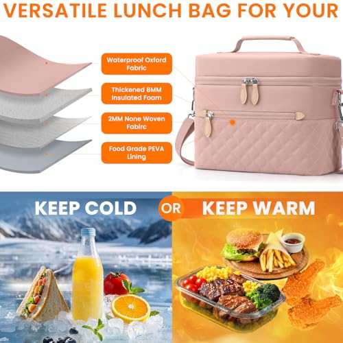 Tenot Insulated Lunch Box for Women Reusable Leak Proof Cooler Lunch Bag Women for Work Stylish Quilted Lunch Tote Bag for Adult Picnic Travel Hiking Pink - Image 3