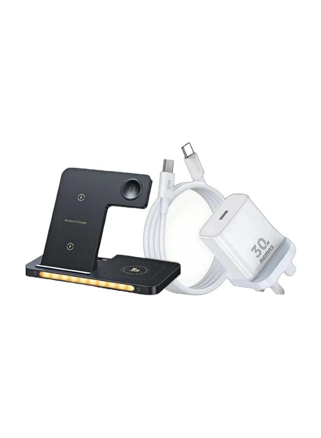 ريماكس مجموعة محطة شحن لاسلكي 3 في 1، ومحول طاقة شاحن سريع GaN PD بقوة 30 واط مع كابل شحن USB-C، زاوية قابلة للتعديل، شحن لاسلكي للهواتف المحمولة، شحن لاسلكي لساعات أبل، شحن لاسلكي لسماعات الأذن، يدعم أجهزة iPhone 17/16/15/14/13/12/Pro/ProMax/Plus/Air/AirPods/iPad/Galaxy S25/S24/S23 Ultra Pixel، وغيرها، أسود. شاحن جداري، حماية أمان، أبيض. - Image 1