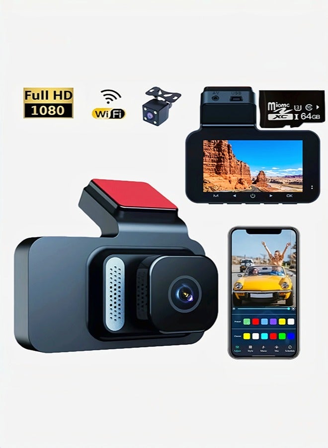 Generic Dash Cam Front and Rear camera, 1080P Full Dashcams for Cars, WiFi & App Control, Night Vision, G-Sensor, Loop Recording(64GB card included)  - Image 1