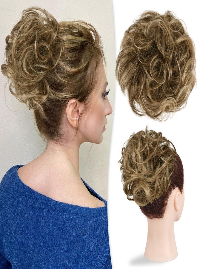 RUWISS Large Messy Bun Hair Piece 100% Human Hair Layered Wavy Curly Hair Buns Hair Piece for Women Thick Updo Hairpiece for Daily Wear Real Hair Ponytail Extension (Brown with Warm Blonde Highlights) - Image 1