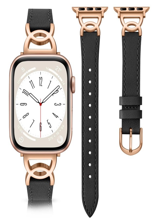 DaQin Slim Leather Band Compatible with Apple Watch Bands for Women 40mm 38mm 41mm 42mm, Dressy Leather Strap with Designer DC-shaped Buckle for iWatch Bands Series 11 10 9 8 7 6 5 4 3 2 1 SE,Black - Image 1