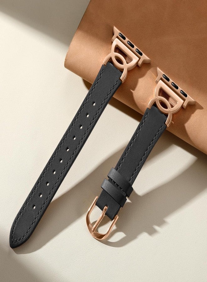 DaQin Slim Leather Band Compatible with Apple Watch Bands for Women 40mm 38mm 41mm 42mm, Dressy Leather Strap with Designer DC-shaped Buckle for iWatch Bands Series 11 10 9 8 7 6 5 4 3 2 1 SE,Black - Image 3