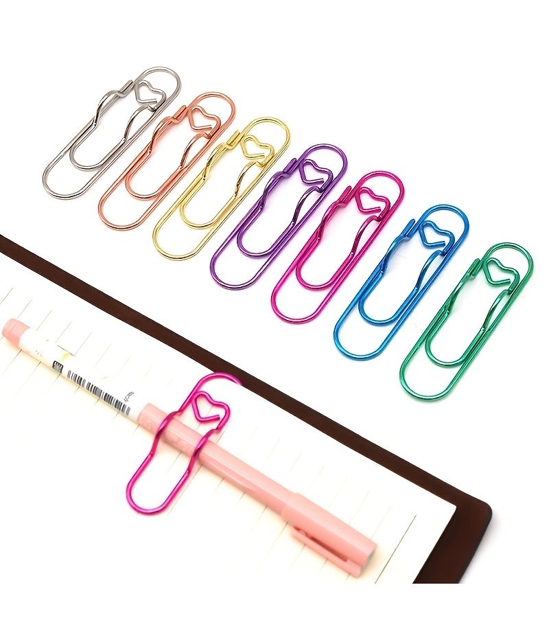 8 Pcs Multifunctional Heart Shaped Pen Clip Paper Clips Random Colors Creative Bookmarks Document Organizers Metal - Image 1