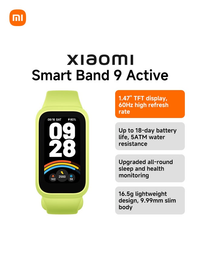 Xiaomi Smart Band 9 Active – Green | 1.47 Inch Big Screen, 18 Days Battery Life, All-Day Health Monitoring, Water Resistant, Ultra-Slim Body green - Image 1