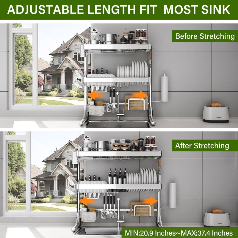 CUISIBOT Over The Sink Dish Drainer Drying Rack 3 Tier, Full Stainless Steel Dish Drying Rack Adjustable Length 20.9''-37.4'', Kitchen Sink Shelf, Organized Space-Saving Dish Rack - Image 3