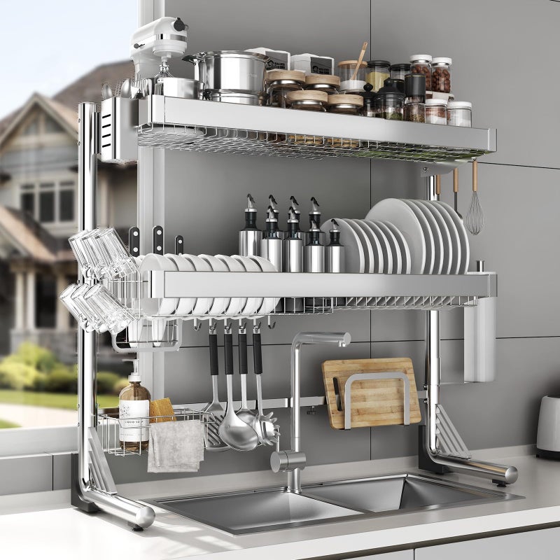 CUISIBOT Over The Sink Dish Drainer Drying Rack 3 Tier, Full Stainless Steel Dish Drying Rack Adjustable Length 20.9''-37.4'', Kitchen Sink Shelf, Organized Space-Saving Dish Rack - Image 1