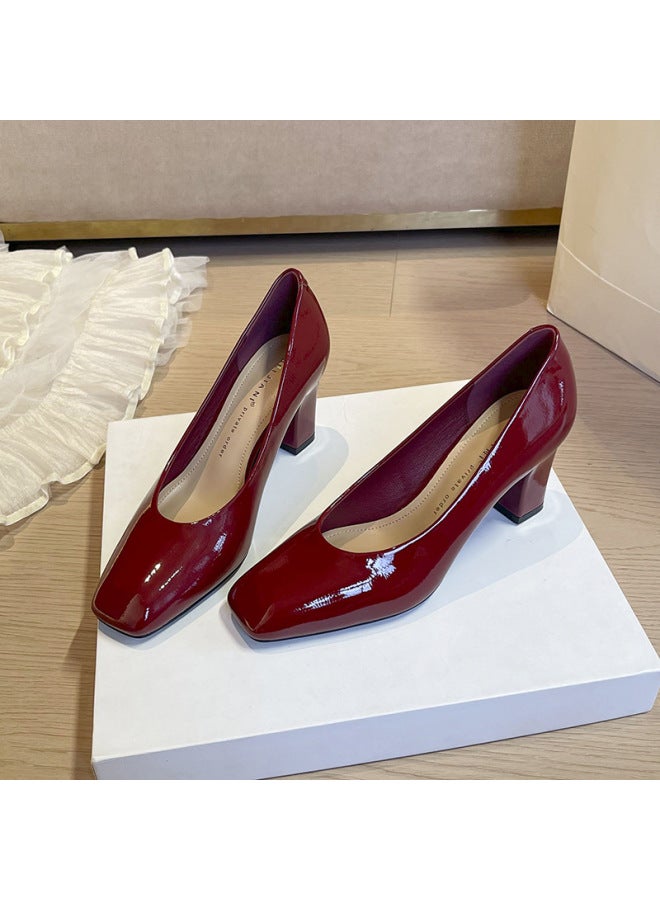 3266-1 French Style Beautiful High-heeled Shoes For Women, Square Toe Thick Heel Work Clothing Shoes, Simple And Versatile Patent Leather, Not Tiring For Feet