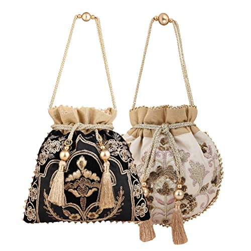 MASQ Women By Q-One Embroidered Silk Potli Bags - Handcrafted For Weddings,Festive Season & Special Occasions With Beads And Sequins - Made In India - Image 1