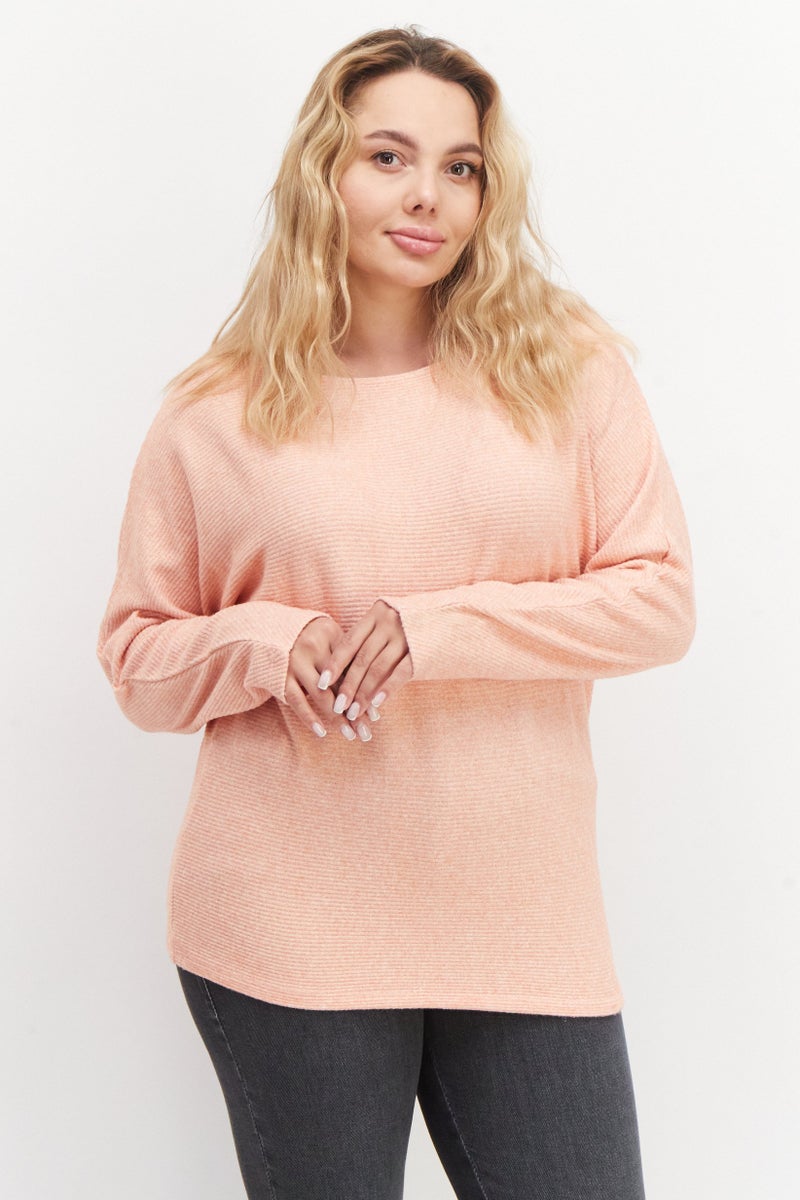 Zero Women Round Neck Long Sleeve Ribbed Sweater, Orange - Image 1