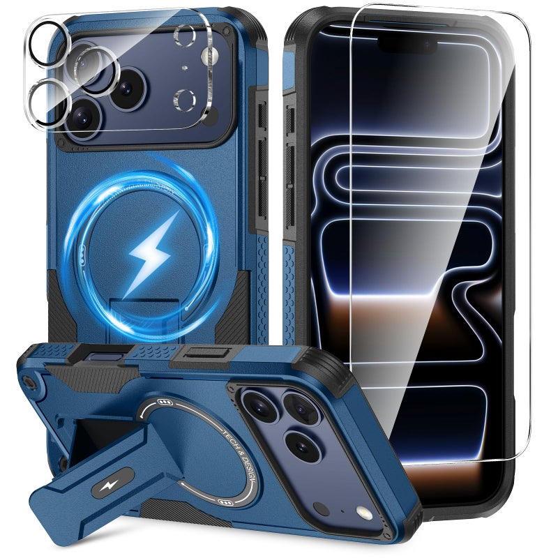 Caka 3 in 1 for iPhone 17 Pro Max Case [Compatible with MagSafe] [Invisible Kickstand] [HD Screen Protector] [Camera Lens Protector], Protective Magnetic Phone Cover for iPhone 17 Promax (Blue) - Image 1