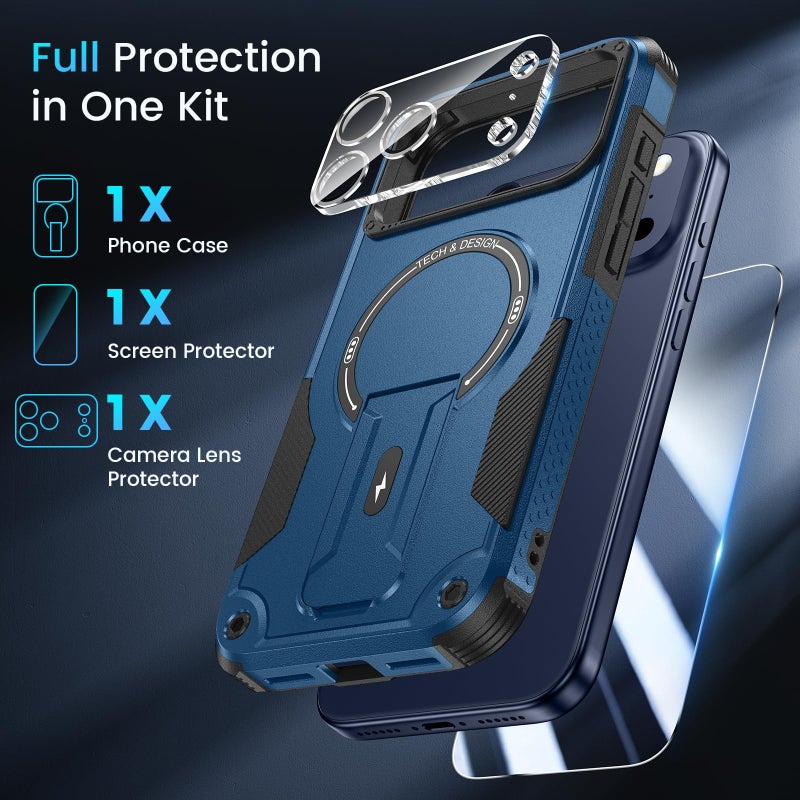 Caka 3 in 1 for iPhone 17 Pro Max Case [Compatible with MagSafe] [Invisible Kickstand] [HD Screen Protector] [Camera Lens Protector], Protective Magnetic Phone Cover for iPhone 17 Promax (Blue) - Image 3