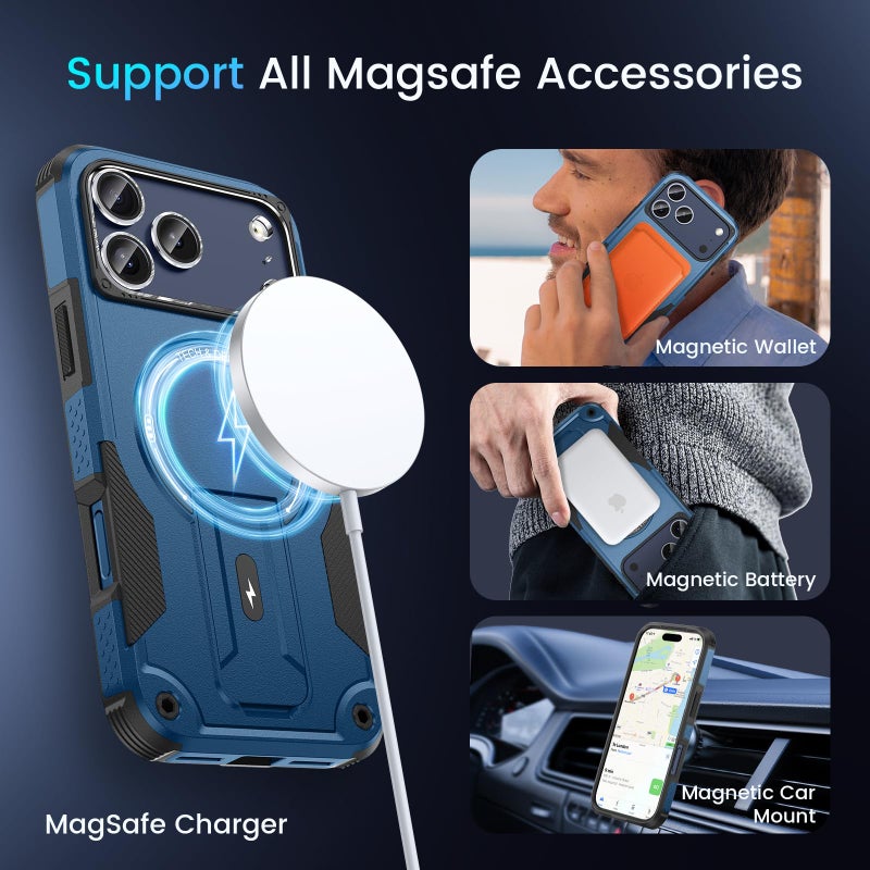 Caka 3 in 1 for iPhone 17 Pro Max Case [Compatible with MagSafe] [Invisible Kickstand] [HD Screen Protector] [Camera Lens Protector], Protective Magnetic Phone Cover for iPhone 17 Promax (Blue) - Image 5
