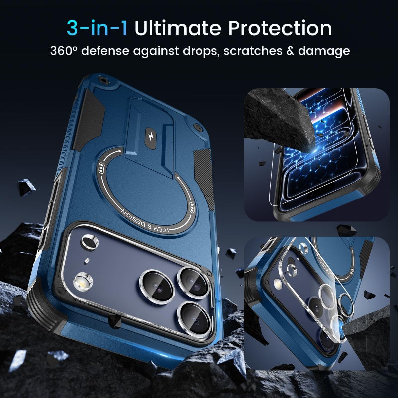 Caka 3 in 1 for iPhone 17 Pro Max Case [Compatible with MagSafe] [Invisible Kickstand] [HD Screen Protector] [Camera Lens Protector], Protective Magnetic Phone Cover for iPhone 17 Promax (Blue) - Image 4