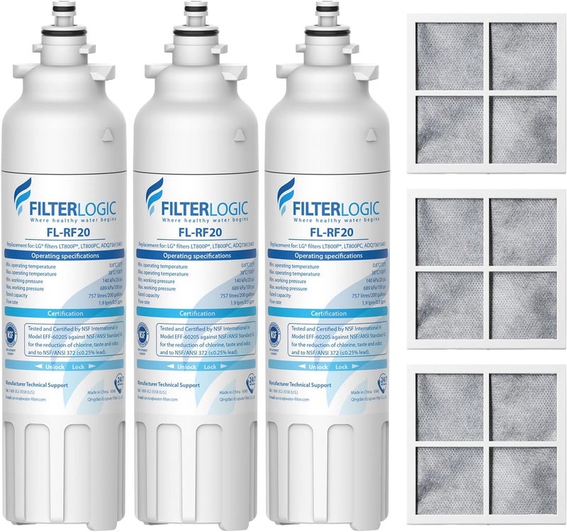 Filterlogic ADQ73613401 Refrigerator Water Filter and Air Filter, Replacement for LG® LT800P®, ADQ736134, ADQ73613402, LSXS26326S, LSXS26366S, LMXS30776S, Kenmore 46-9490 and LT120F®, 3 Combo - Image 1