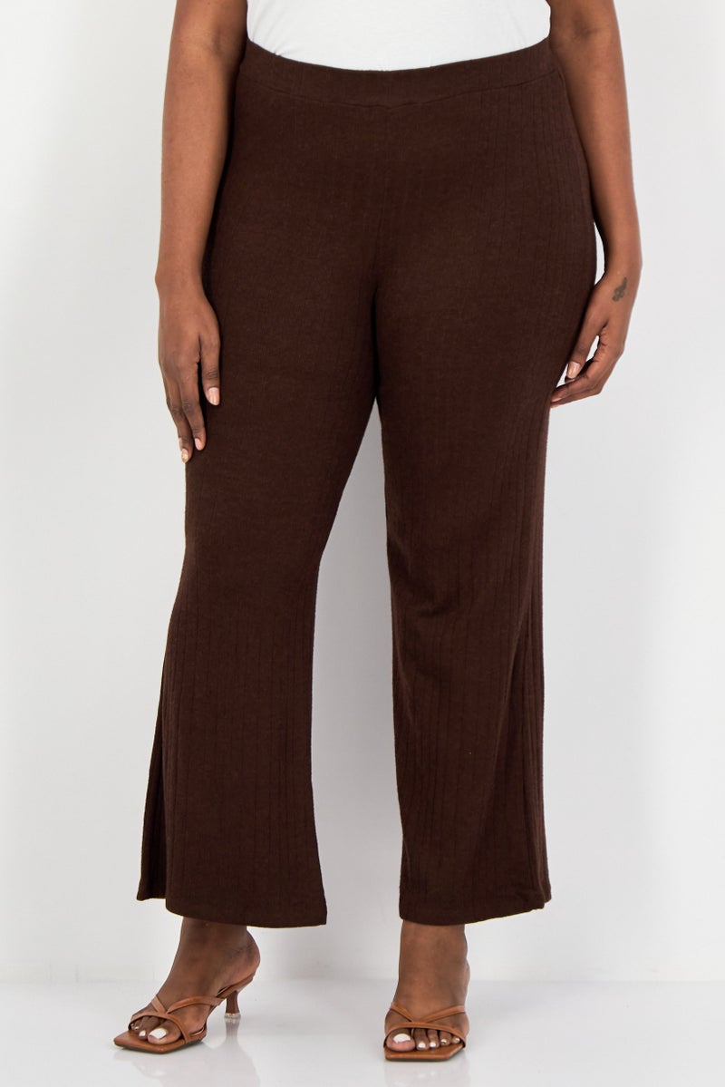 KOTON Women Regular Fit Ribbed Palazzo Pants, Brown - Image 1