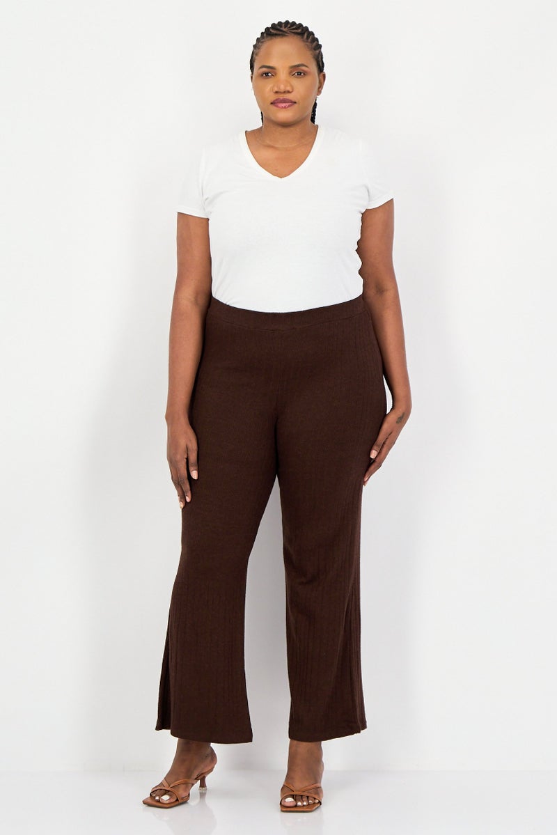 KOTON Women Regular Fit Ribbed Palazzo Pants, Brown - Image 3