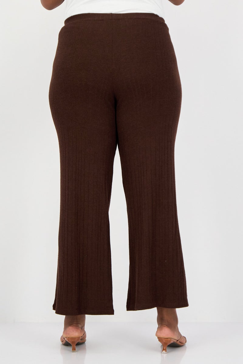 KOTON Women Regular Fit Ribbed Palazzo Pants, Brown - Image 2