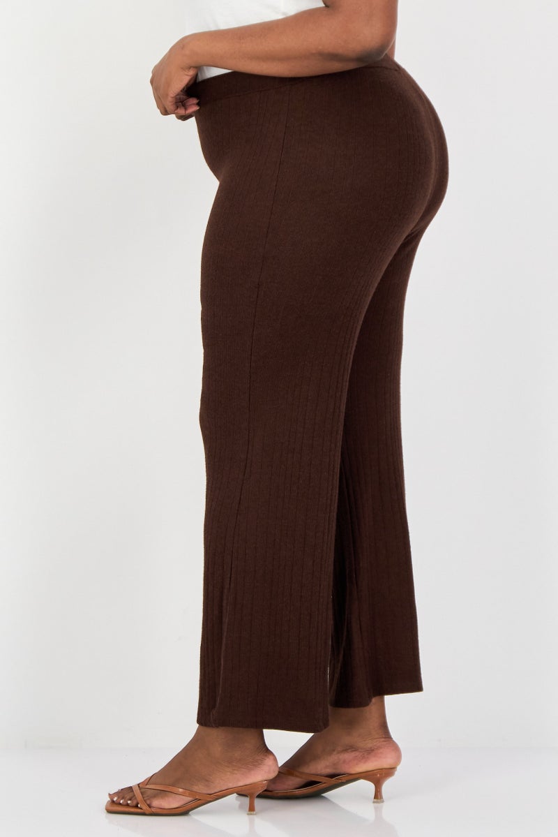 KOTON Women Regular Fit Ribbed Palazzo Pants, Brown - Image 4