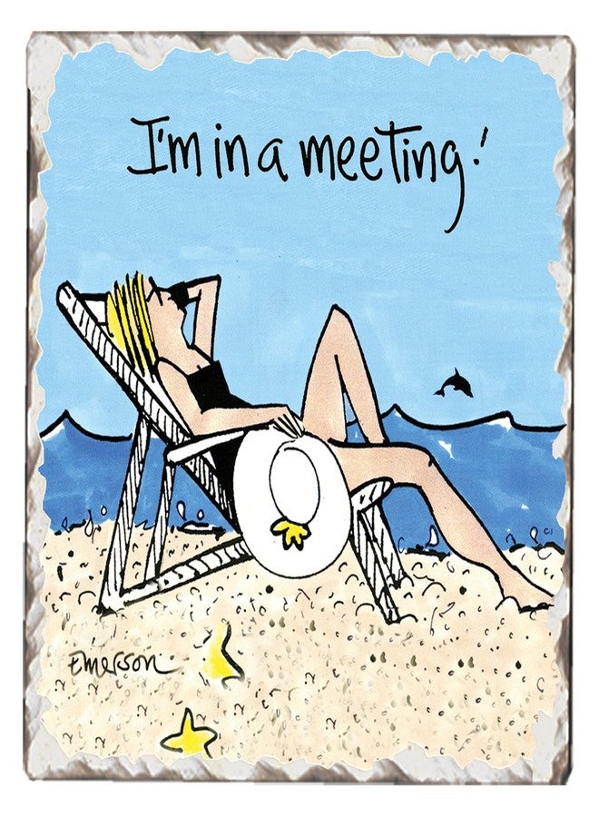 CounterArt I'm in a Meeting 1 Pack Single Absorbent Stone Coaster with Protective Cork Backing Manufactured in The USA 4" Square, Easily Wipes Clean - Image 1