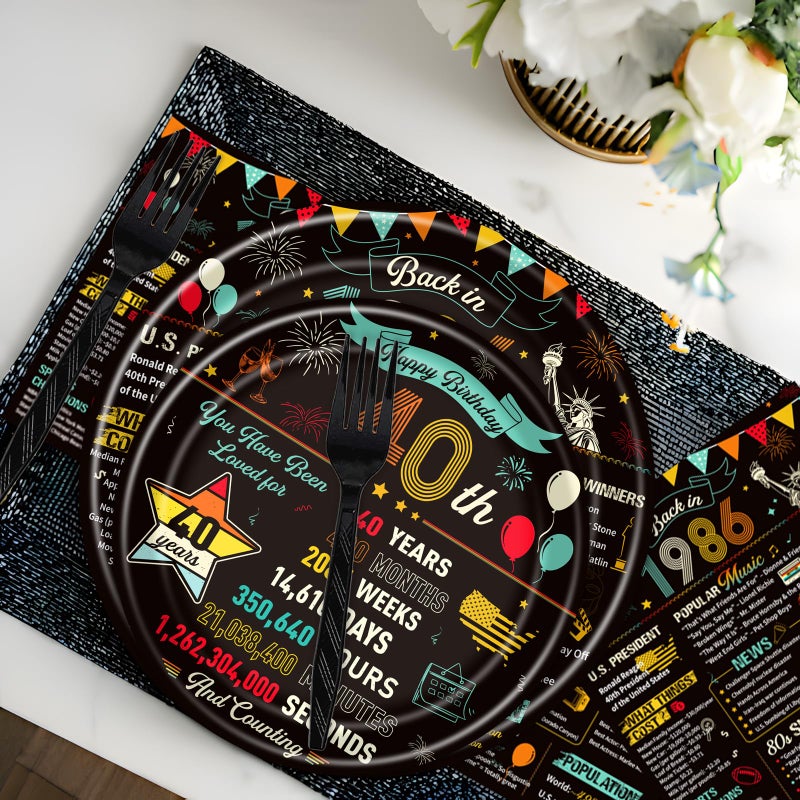 refavor 40th Birthday Plates and Napkins, 96PCS Vintage 40th Birthday Party Decorations Supplies for Women Men, Back in 1986 Cheers to 40 Years Disposable Tableware Set Serve 24 - Image 5