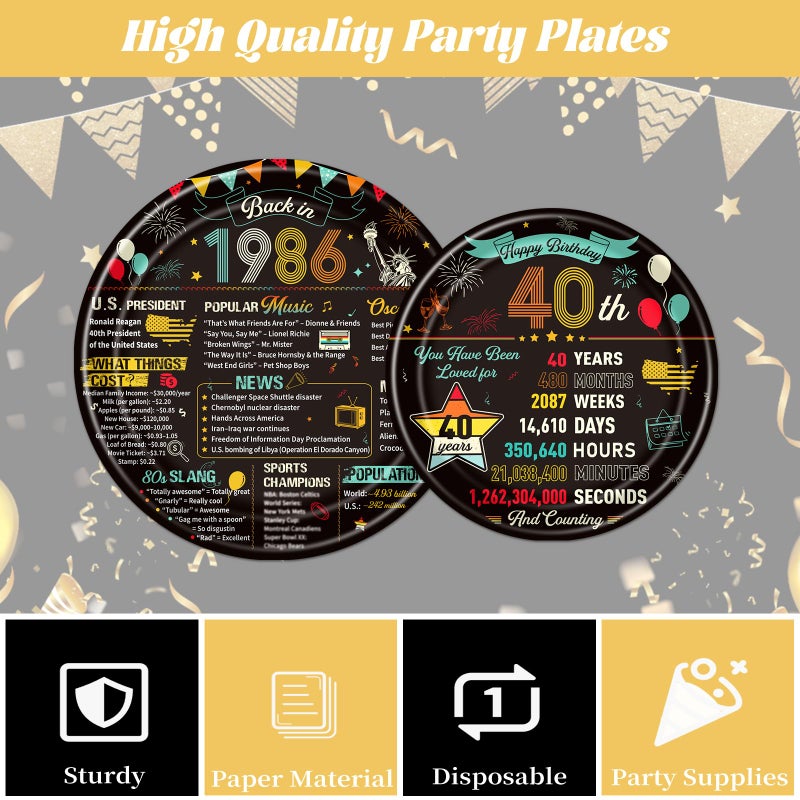 refavor 40th Birthday Plates and Napkins, 96PCS Vintage 40th Birthday Party Decorations Supplies for Women Men, Back in 1986 Cheers to 40 Years Disposable Tableware Set Serve 24 - Image 4