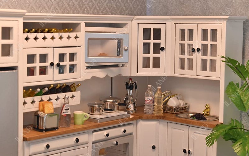 iLAND Dollhouse Kitchen, Modern Dollhouse Furniture Set on 1/12 Scale Wooden White to Store Miniature Food - Image 5