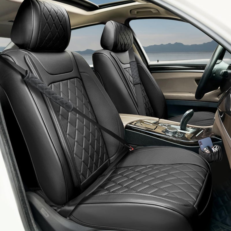 BEITK 2 Pack Leather Front Car Seat CoversUniversal Breathable Full Surround Leather Car Seat Cover ProtectorSplit Waterproof Luxury Auto Black Seat Cover Cushion for Sedan Cars Pickup Trucks SUV - Image 3