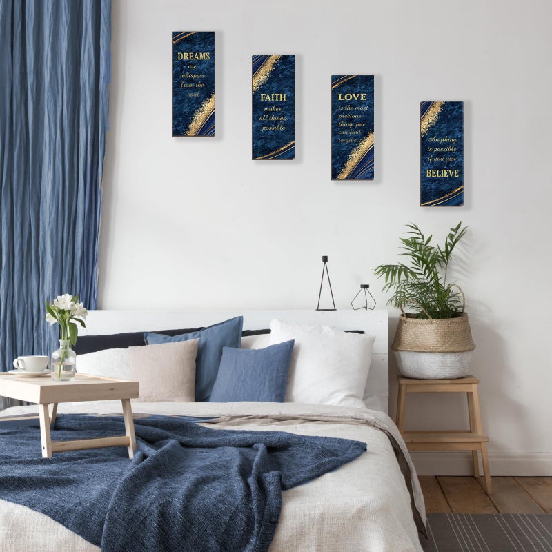 ONIZHITY 4 Pcs Blue and Gold Bathroom Decor Navy Blue Bathroom Accessories Dreams Faith Love Believe Wooden Rustic Marble Style Versatile Blue Wall Decor for Bedroom Living Room(Blue Gold 10X4) - Image 3