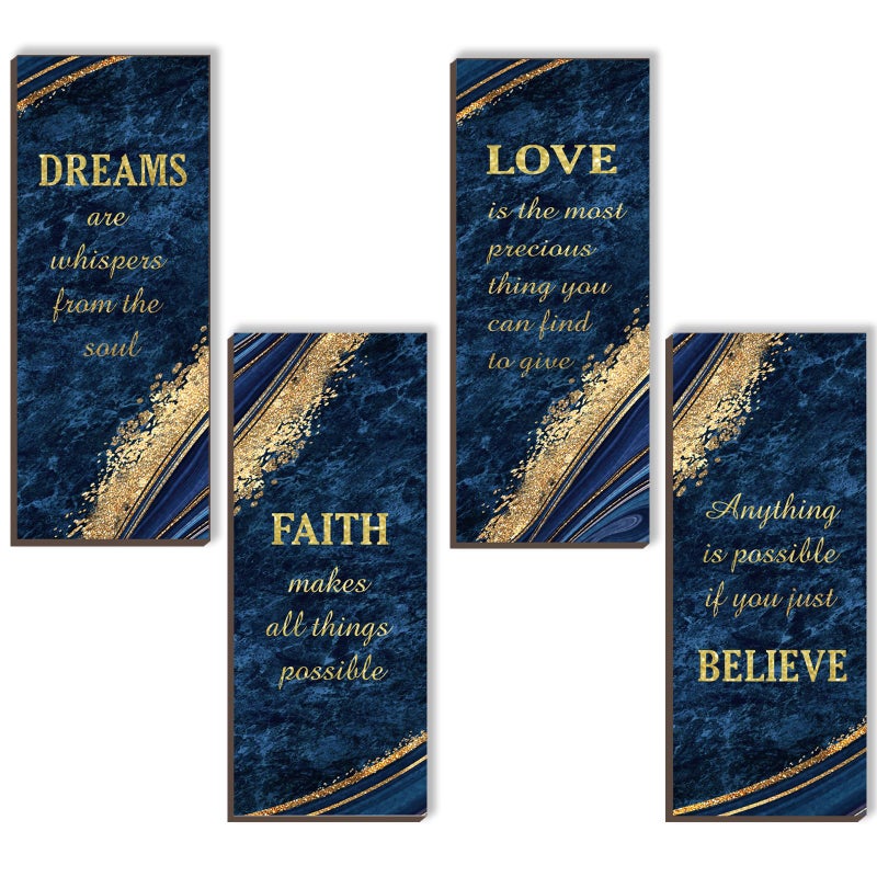 ONIZHITY 4 Pcs Blue and Gold Bathroom Decor Navy Blue Bathroom Accessories Dreams Faith Love Believe Wooden Rustic Marble Style Versatile Blue Wall Decor for Bedroom Living Room(Blue Gold 10X4) - Image 1
