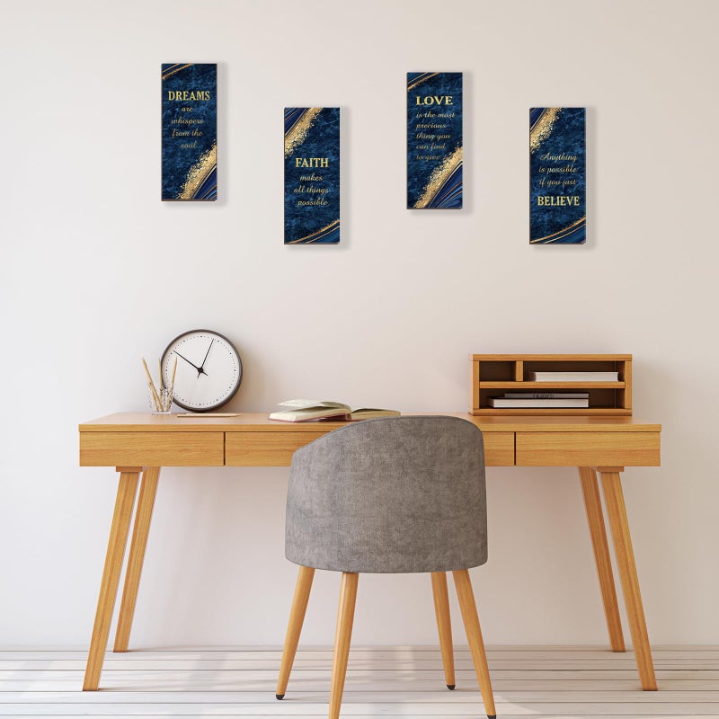 ONIZHITY 4 Pcs Blue and Gold Bathroom Decor Navy Blue Bathroom Accessories Dreams Faith Love Believe Wooden Rustic Marble Style Versatile Blue Wall Decor for Bedroom Living Room(Blue Gold 10X4) - Image 5