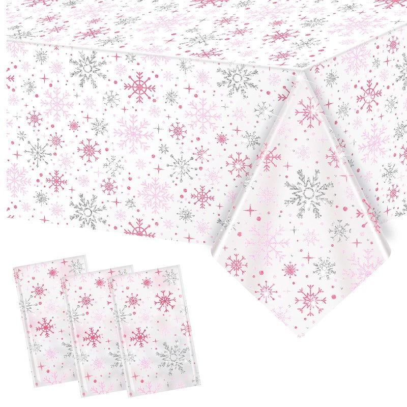 Jecery 3 Pcs Winter Snowflake Tablecloth Birthday Party Decorations Winter Snowflake Wonderland Plastic Table Cover Cloth for Kid Girl Birthday Baby Shower Party Supplies Pink