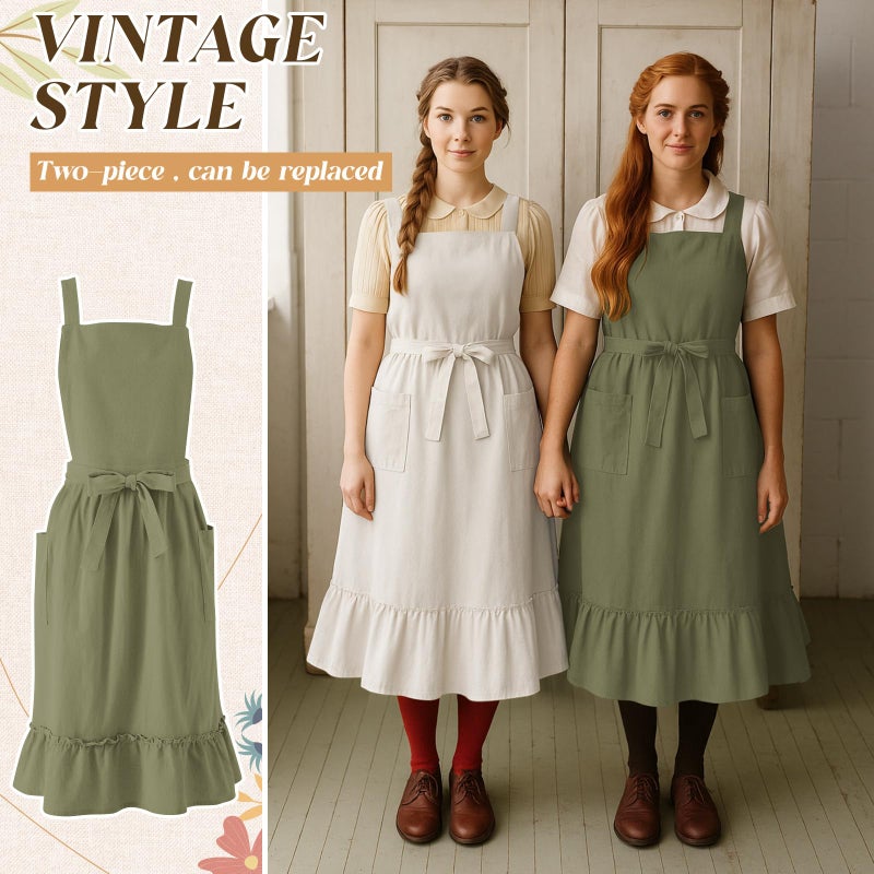 Cotwinter 2 Pack 100% Cotton Aprons with Pockets Pinafore Dress for Women Vintage Cotton Apron for Christmas Kitchen Cooking Gifts (Beige Olive Green) - Image 4