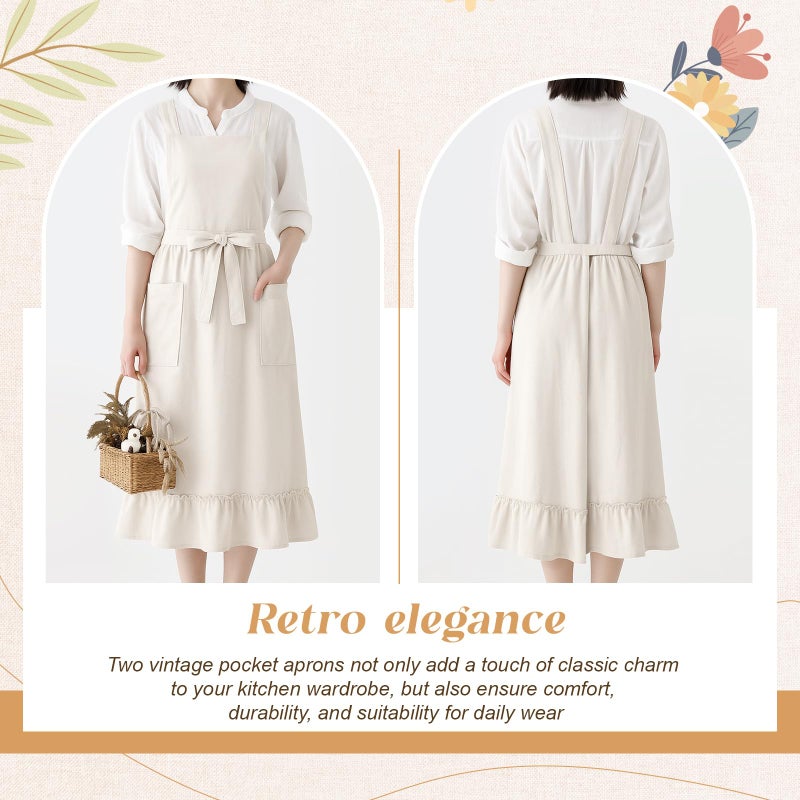 Cotwinter 2 Pack 100% Cotton Aprons with Pockets Pinafore Dress for Women Vintage Cotton Apron for Christmas Kitchen Cooking Gifts (Beige Olive Green) - Image 5