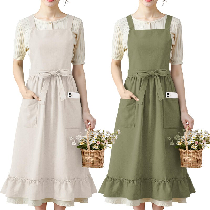Cotwinter 2 Pack 100% Cotton Aprons with Pockets Pinafore Dress for Women Vintage Cotton Apron for Christmas Kitchen Cooking Gifts (Beige Olive Green) - Image 1