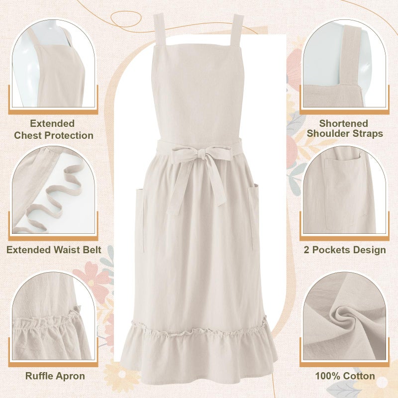 Cotwinter 2 Pack 100% Cotton Aprons with Pockets Pinafore Dress for Women Vintage Cotton Apron for Christmas Kitchen Cooking Gifts (Beige Olive Green) - Image 3