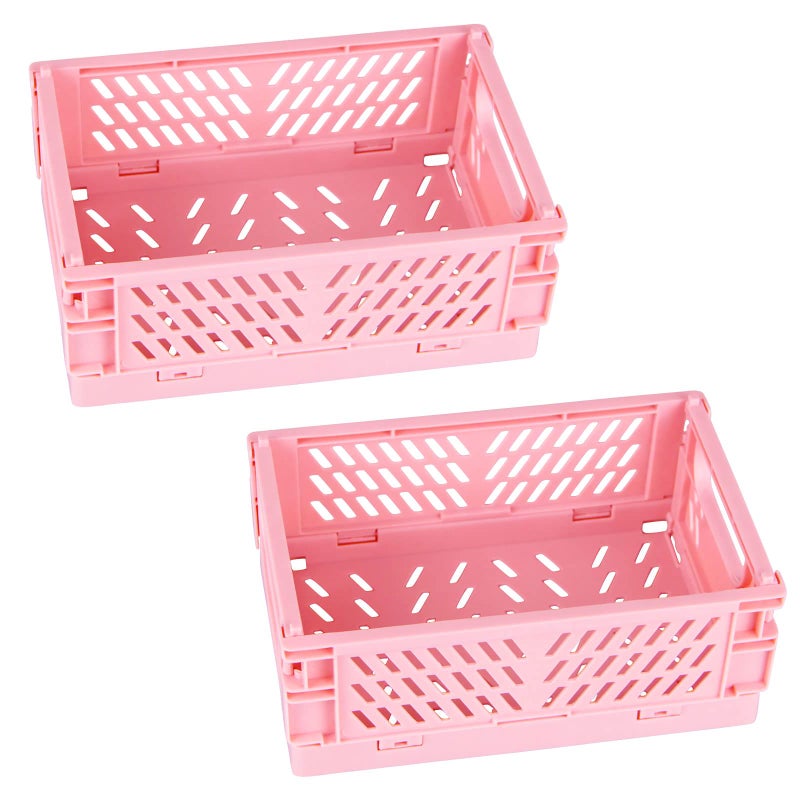 Tixill 2-Pack Mini Foldable Plastic Baskets for Organizing and Storage, Collapsible Storage Crate for Home Kitchen Bedroom Bathroom Office (5.9x3.8x2.2, Pink) - Image 1