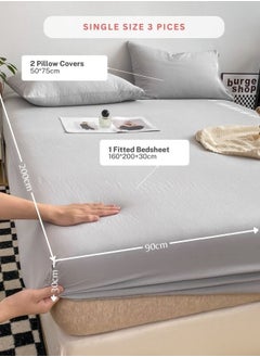 LUNA Home 3-Piece Set: single-size fitted bedsheet and two pillowcases, washable cotton in a light grey color.  - Image 2