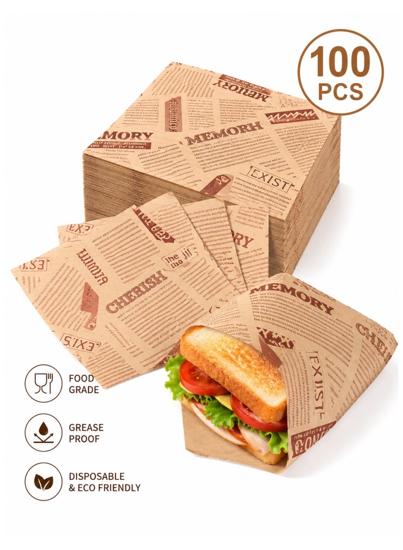 Sandwich Wrapping Paper 100 Sheets, Greaseproof Food Wrapping Paper 15×15cm, Food Grade PE Coated Deli Paper for Sandwiches, Burgers, Fries, Pastries, Bakery & Takeaway - Image 1