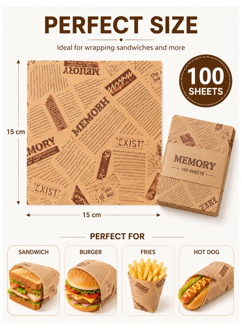 Sandwich Wrapping Paper 100 Sheets, Greaseproof Food Wrapping Paper 15×15cm, Food Grade PE Coated Deli Paper for Sandwiches, Burgers, Fries, Pastries, Bakery & Takeaway - Image 4